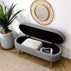 Banc de rangement moderne de 111 cm avec pouf ovale rembourré en lin, banc de bout de lit avec pieds en bois, banc d'entrée pour chambre à coucher, salon