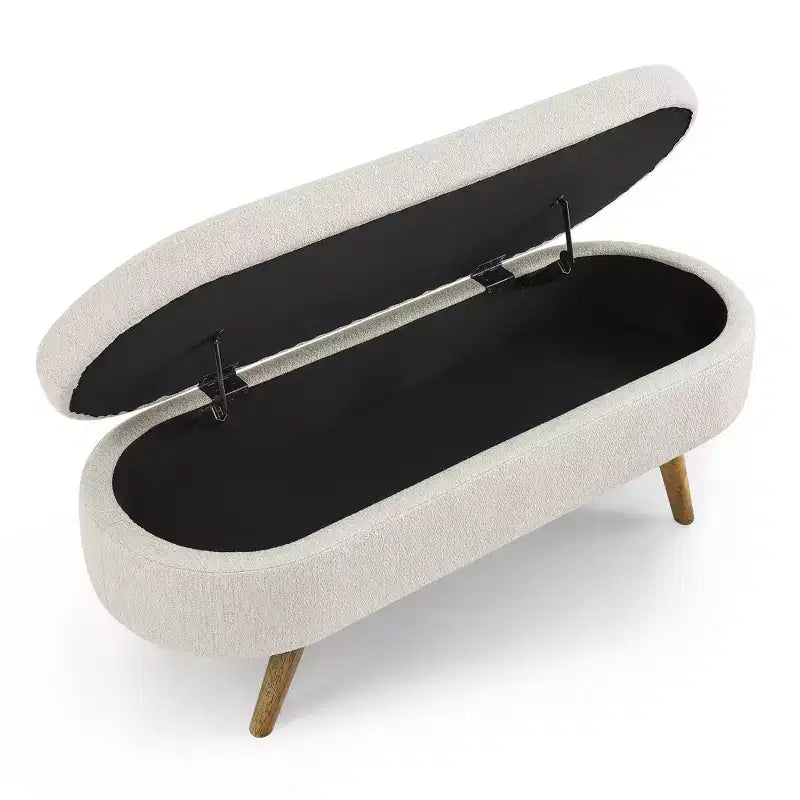 Banc de rangement moderne de 111 cm avec pouf ovale rembourré en lin, banc de bout de lit avec pieds en bois, banc d'entrée pour chambre à coucher, salon