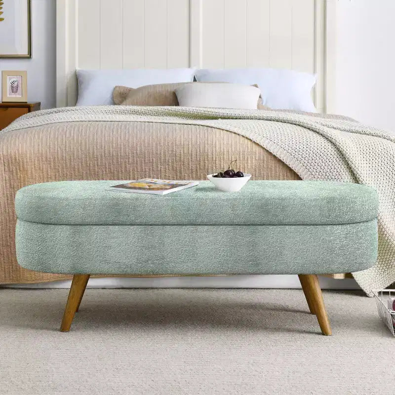 Banc de rangement moderne de 111 cm avec pouf ovale rembourré en lin, banc de bout de lit avec pieds en bois, banc d'entrée pour chambre à coucher, salon