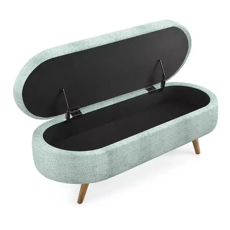 Banc de rangement moderne de 111 cm avec pouf ovale rembourré en lin, banc de bout de lit avec pieds en bois, banc d'entrée pour chambre à coucher, salon