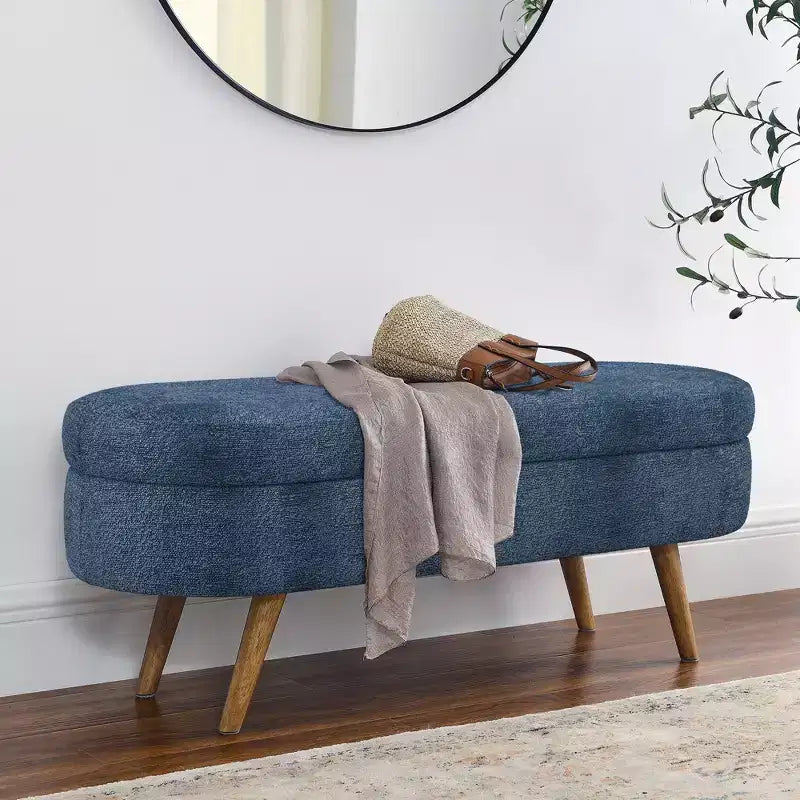 Banc de rangement moderne de 111 cm avec pouf ovale rembourré en lin, banc de bout de lit avec pieds en bois, banc d'entrée pour chambre à coucher, salon
