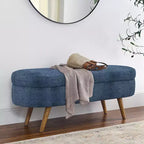 Banc de rangement moderne de 111 cm avec pouf ovale rembourré en lin, banc de bout de lit avec pieds en bois, banc d'entrée pour chambre à coucher, salon