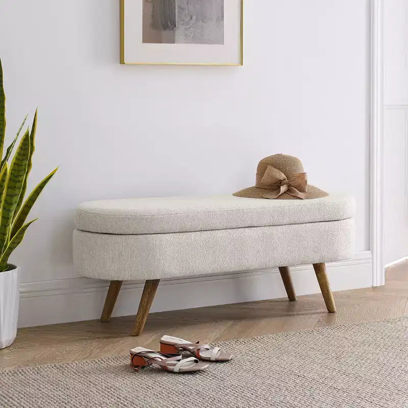 Banc de rangement moderne de 111 cm avec pouf ovale rembourré en lin, banc de bout de lit avec pieds en bois, banc d'entrée pour chambre à coucher, salon