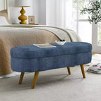 Banc de rangement moderne de 111 cm avec pouf ovale rembourré en lin, banc de bout de lit avec pieds en bois, banc d'entrée pour chambre à coucher, salon