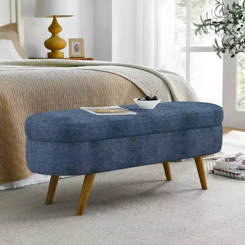 Banc de rangement moderne de 111 cm avec pouf ovale rembourré en lin, banc de bout de lit avec pieds en bois, banc d'entrée pour chambre à coucher, salon