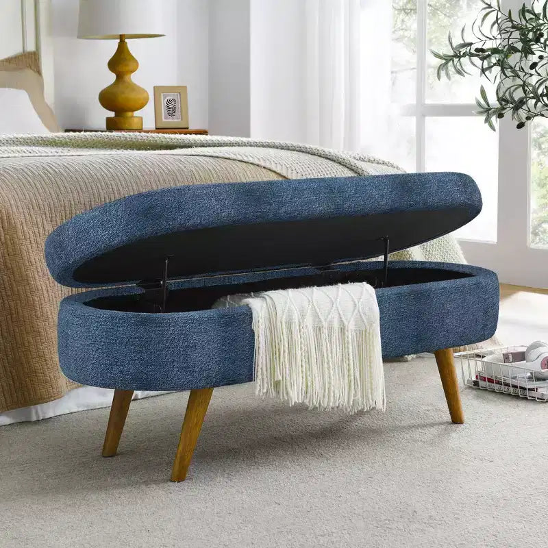 Banc de rangement moderne de 111 cm avec pouf ovale rembourré en lin, banc de bout de lit avec pieds en bois, banc d'entrée pour chambre à coucher, salon