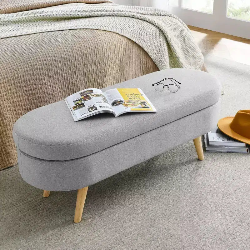 Banc de rangement moderne de 111 cm avec pouf ovale rembourré en lin, banc de bout de lit avec pieds en bois, banc d'entrée pour chambre à coucher, salon