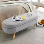 Banc de rangement moderne de 111 cm avec pouf ovale rembourré en lin, banc de bout de lit avec pieds en bois, banc d'entrée pour chambre à coucher, salon