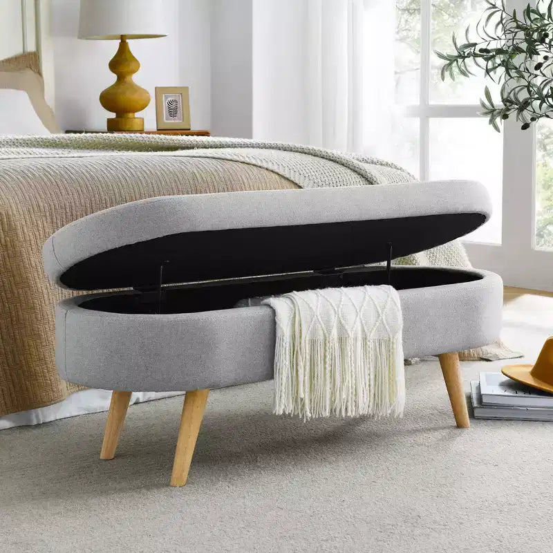 Banc de rangement moderne de 111 cm avec pouf ovale rembourré en lin, banc de bout de lit avec pieds en bois, banc d'entrée pour chambre à coucher, salon