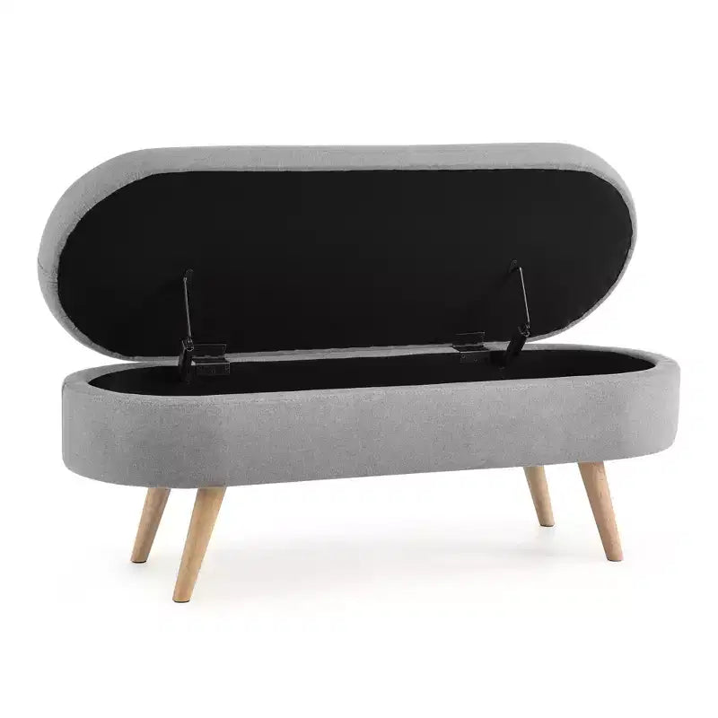 Banc de rangement moderne de 111 cm avec pouf ovale rembourré en lin, banc de bout de lit avec pieds en bois, banc d'entrée pour chambre à coucher, salon