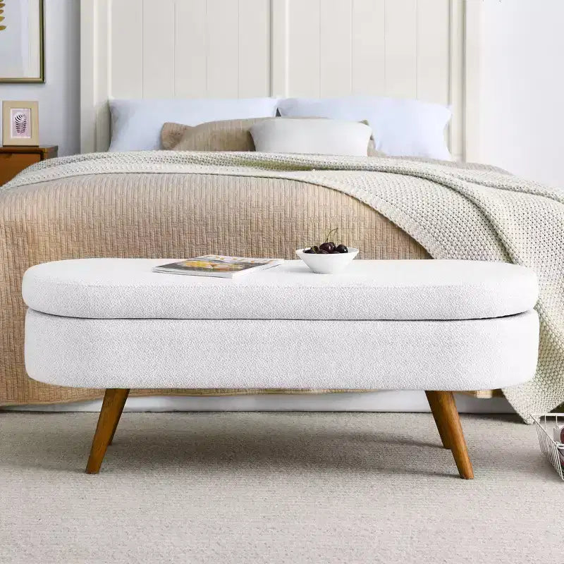 Banc de rangement moderne de 111 cm avec pouf ovale rembourré en lin, banc de bout de lit avec pieds en bois, banc d'entrée pour chambre à coucher, salon