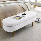 Banc de rangement moderne de 111 cm avec pouf ovale rembourré en lin, banc de bout de lit avec pieds en bois, banc d'entrée pour chambre à coucher, salon