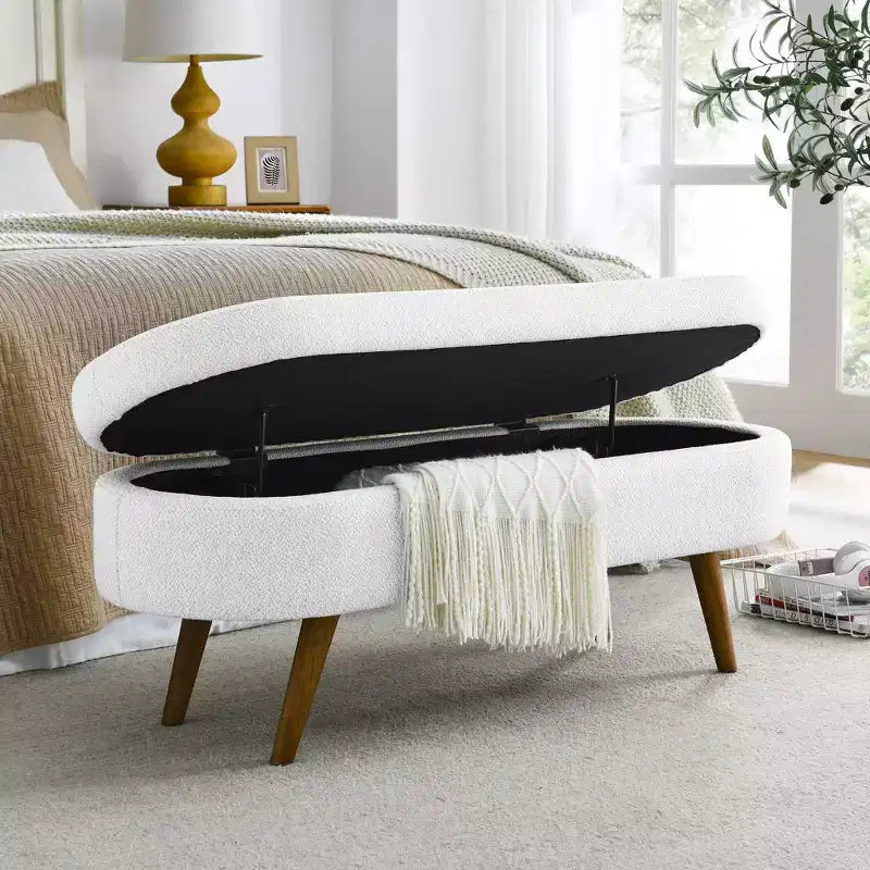 Banc de rangement moderne de 111 cm avec pouf ovale rembourré en lin, banc de bout de lit avec pieds en bois, banc d'entrée pour chambre à coucher, salon
