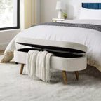 Banc de rangement moderne de 111 cm avec pouf ovale rembourré en lin, banc de bout de lit avec pieds en bois, banc d'entrée pour chambre à coucher, salon