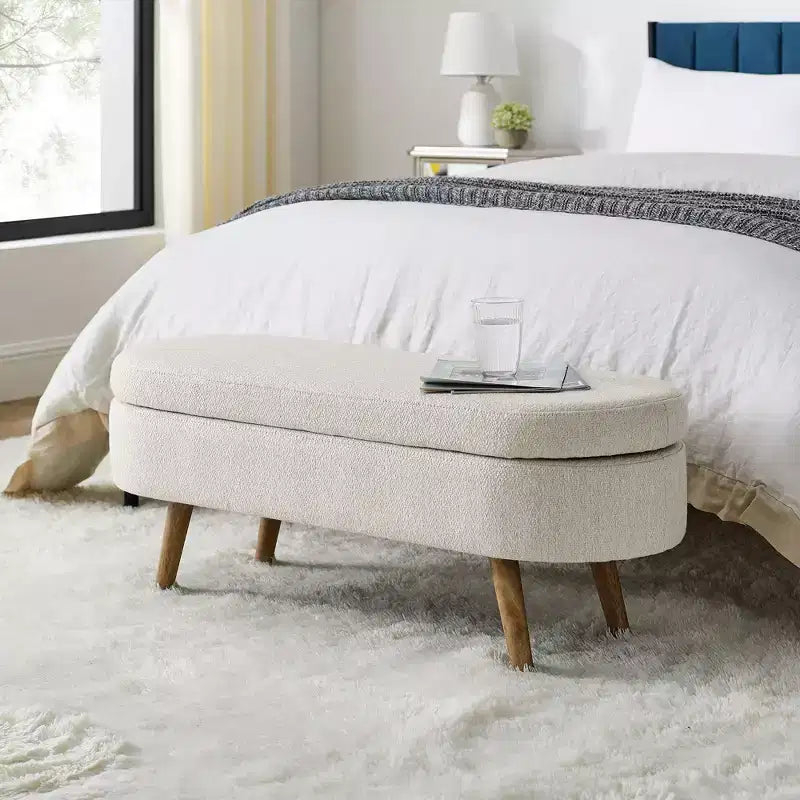 TUYOHW 44 Modern Storage Bench with Linen Upholstered Oval Footstool End of Bed Bench with Wood Legs Entryway Bench for Bedroom, Living Room
