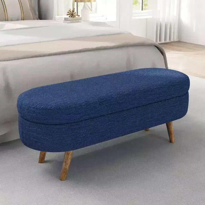 Banc de rangement moderne de 111 cm avec pouf ovale rembourré en lin, banc de bout de lit avec pieds en bois, banc d'entrée pour chambre à coucher, salon