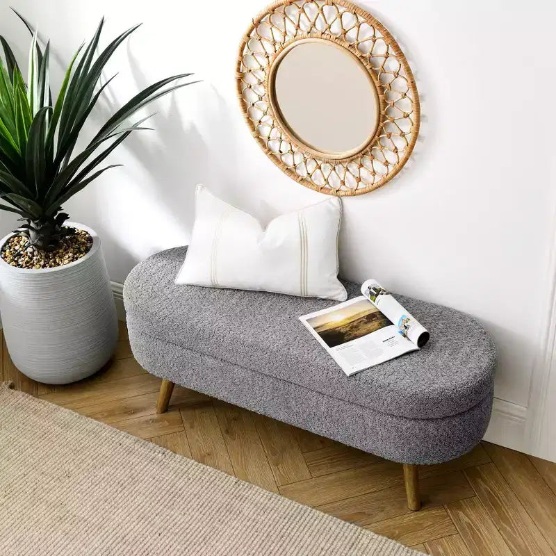 Banc de rangement moderne de 111 cm avec pouf ovale rembourré en lin, banc de bout de lit avec pieds en bois, banc d'entrée pour chambre à coucher, salon