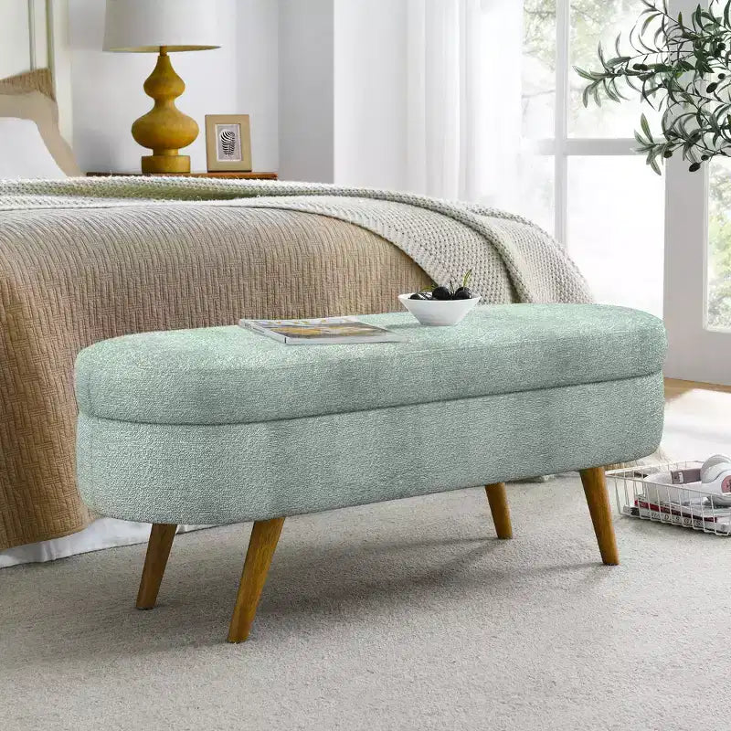 Banc de rangement moderne de 111 cm avec pouf ovale rembourré en lin, banc de bout de lit avec pieds en bois, banc d'entrée pour chambre à coucher, salon