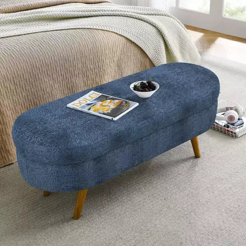 Banc de rangement moderne de 111 cm avec pouf ovale rembourré en lin, banc de bout de lit avec pieds en bois, banc d'entrée pour chambre à coucher, salon