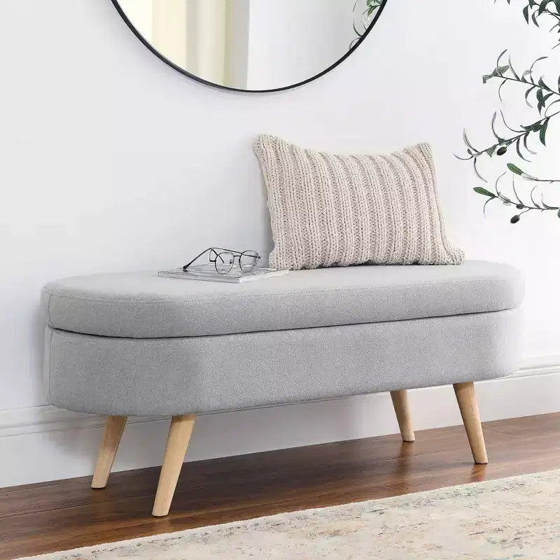 Banc de rangement moderne de 111 cm avec pouf ovale rembourré en lin, banc de bout de lit avec pieds en bois, banc d'entrée pour chambre à coucher, salon
