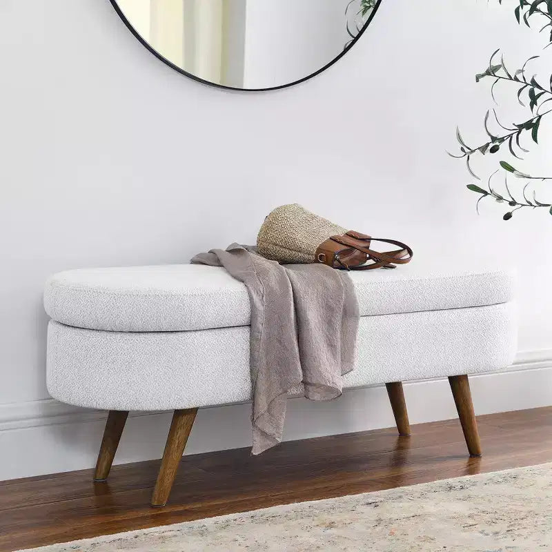 Banc de rangement moderne de 111 cm avec pouf ovale rembourré en lin, banc de bout de lit avec pieds en bois, banc d'entrée pour chambre à coucher, salon
