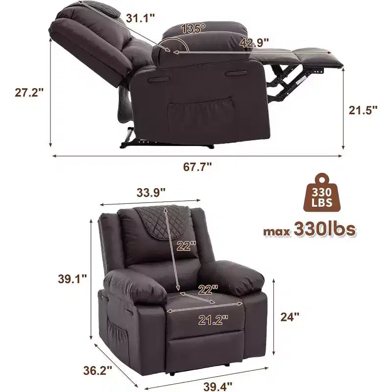 Fauteuil de massage inclinable surdimensionné, canapé simple en cuir PU avec massage par vibration, fauteuil inclinable manuel pour salon et et chambre à coucher