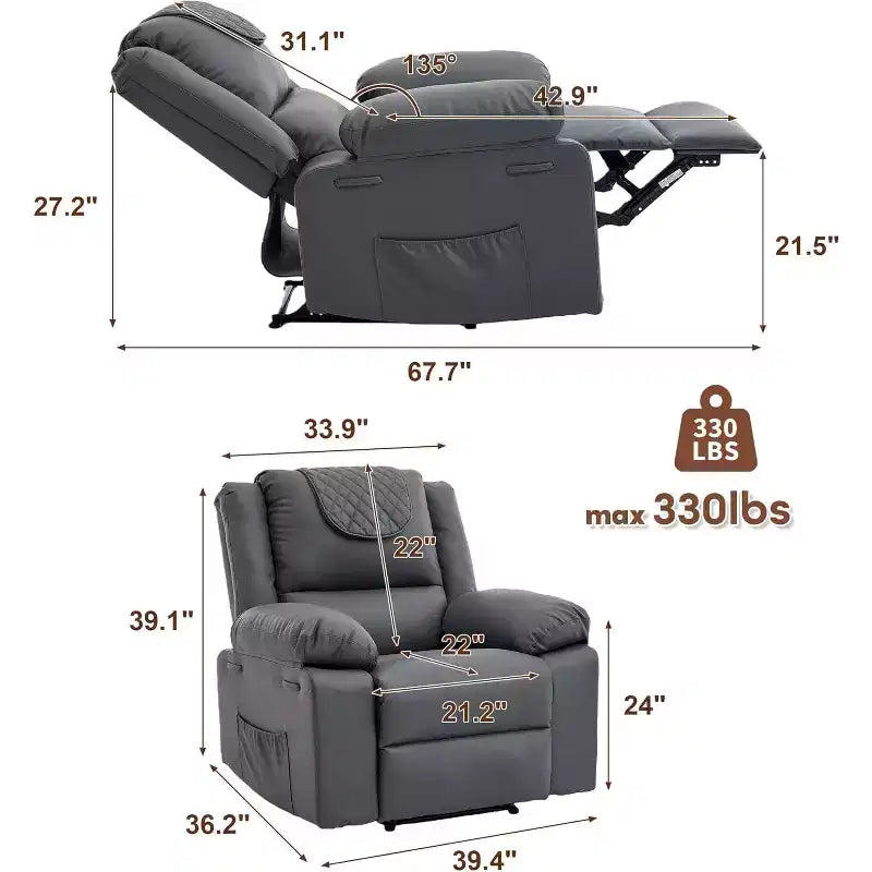 Fauteuil de massage inclinable surdimensionné, canapé simple en cuir PU avec massage par vibration, fauteuil inclinable manuel pour salon et et chambre à coucher