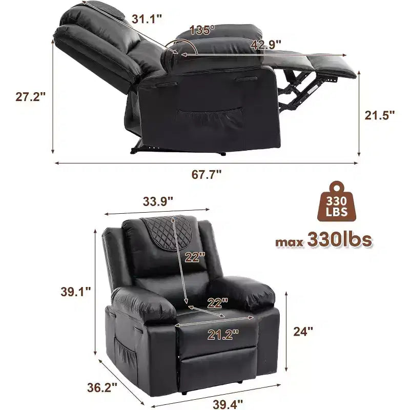 Fauteuil de massage inclinable surdimensionné, canapé simple en cuir PU avec massage par vibration, fauteuil inclinable manuel pour salon et et chambre à coucher