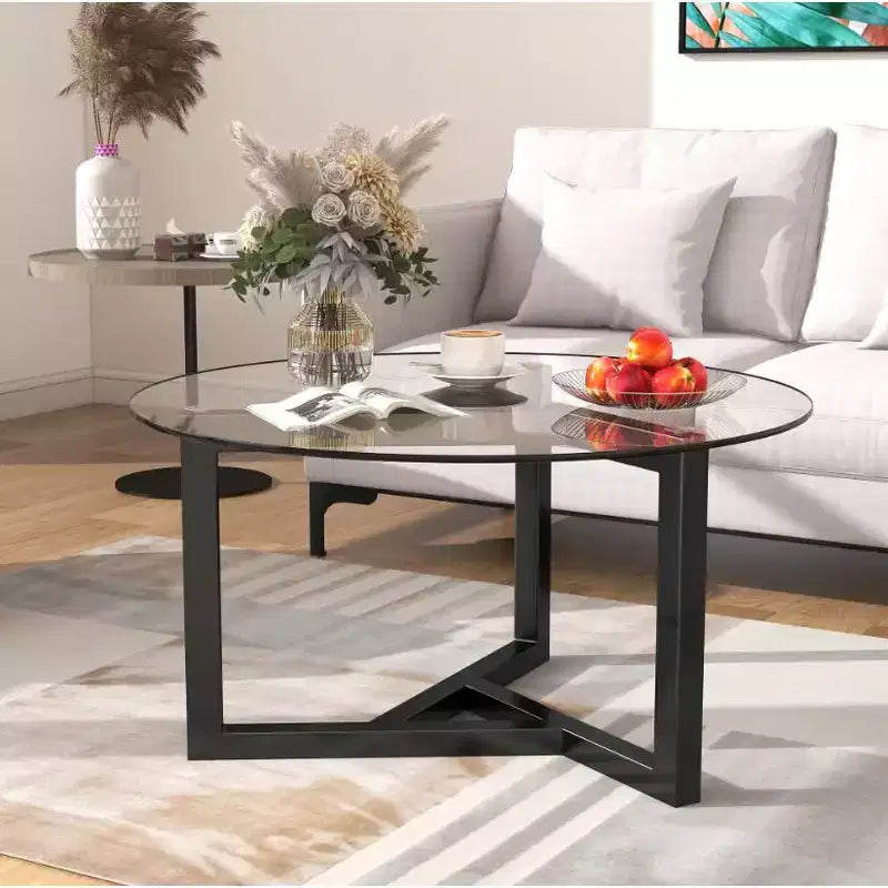 Modern Round Glass Coffee Table - Easy Assembly Cocktail Table with Tempered Glass Top