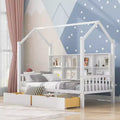 Twin Size House Bed,with Trundle and Storage Shelf,Kids Bed with Roof Design,Multifunctional Sky Roof House Bed Frame,No Box Spring Required