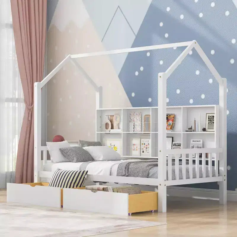 Twin Size House Bed,with Trundle and Storage Shelf,Kids Bed with Roof Design,Multifunctional Sky Roof House Bed Frame,No Box Spring Required