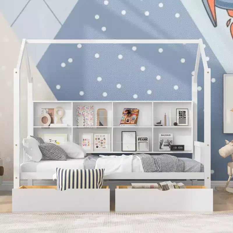 Lit cabane pour jumeaux, avec lit gigogne et étagère de rangement, lit enfant avec design de toit, cadre de lit cabane multifonctionnel en forme de toit, pas besoin de sommier.