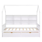 Lit cabane pour jumeaux, avec lit gigogne et étagère de rangement, lit enfant avec design de toit, cadre de lit cabane multifonctionnel en forme de toit, pas besoin de sommier.