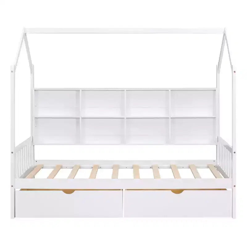 Lit cabane pour jumeaux, avec lit gigogne et étagère de rangement, lit enfant avec design de toit, cadre de lit cabane multifonctionnel en forme de toit, pas besoin de sommier.