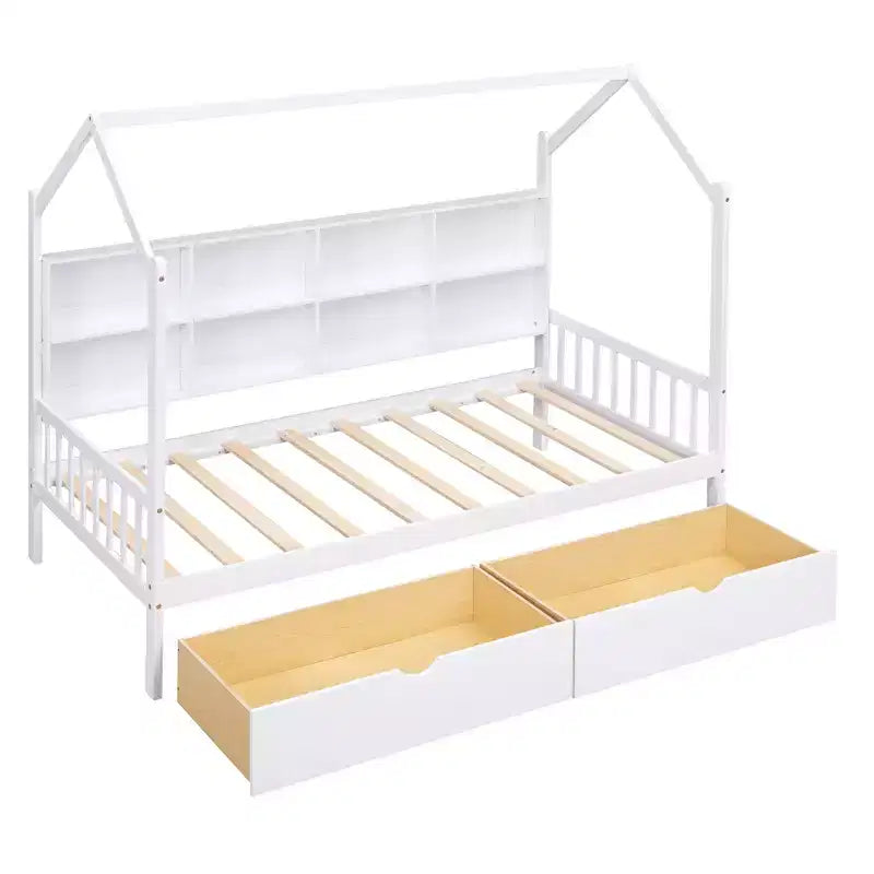 Lit cabane pour jumeaux, avec lit gigogne et étagère de rangement, lit enfant avec design de toit, cadre de lit cabane multifonctionnel en forme de toit, pas besoin de sommier.