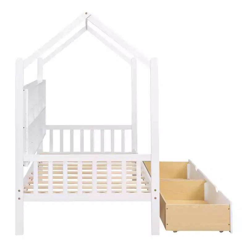 Lit cabane pour jumeaux, avec lit gigogne et étagère de rangement, lit enfant avec design de toit, cadre de lit cabane multifonctionnel en forme de toit, pas besoin de sommier.