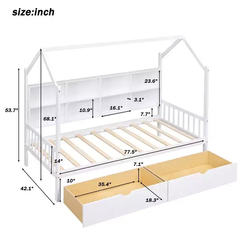 Lit cabane pour jumeaux, avec lit gigogne et étagère de rangement, lit enfant avec design de toit, cadre de lit cabane multifonctionnel en forme de toit, pas besoin de sommier.