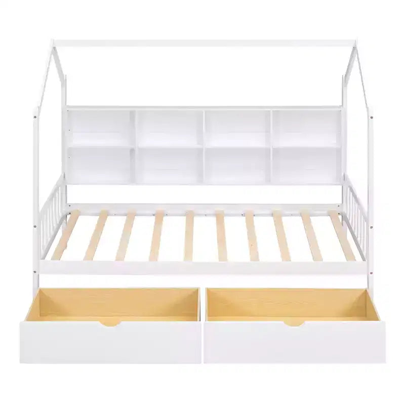 Lit cabane pour jumeaux, avec lit gigogne et étagère de rangement, lit enfant avec design de toit, cadre de lit cabane multifonctionnel en forme de toit, pas besoin de sommier.