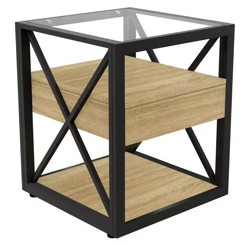 Table d'appoint industrielle moderne avec tiroir et plateau en verre trempé