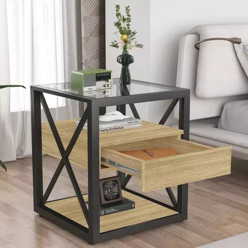Table d'appoint industrielle moderne avec tiroir et plateau en verre trempé