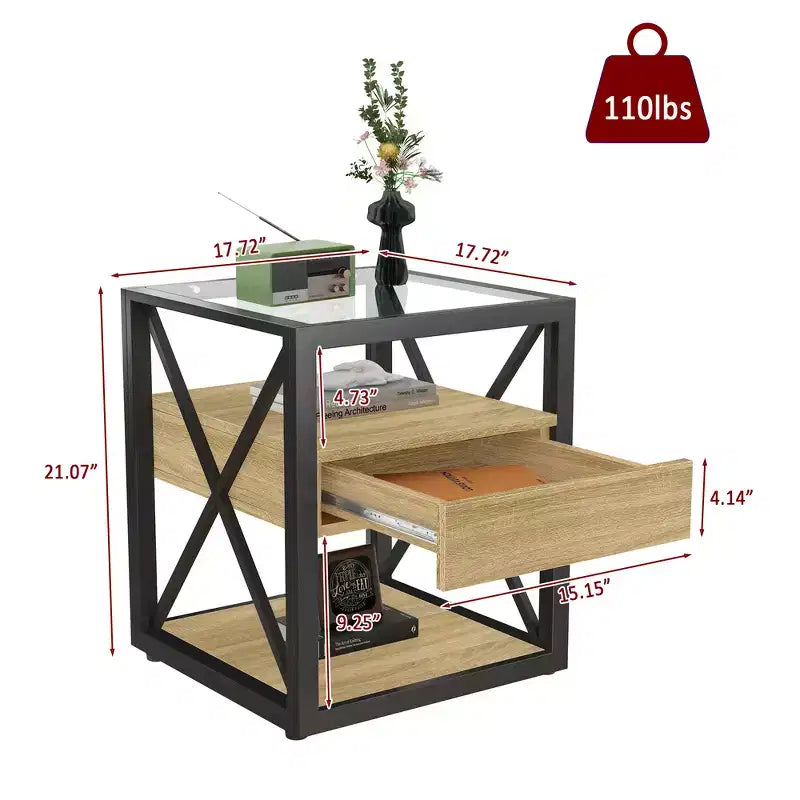 Table d'appoint industrielle moderne avec tiroir et plateau en verre trempé