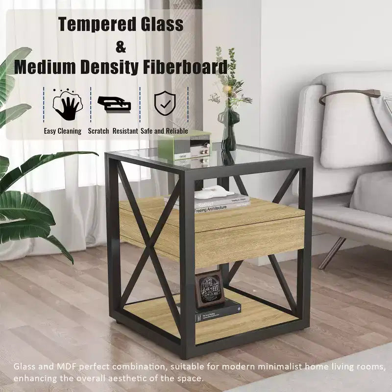 Table d'appoint industrielle moderne avec tiroir et plateau en verre trempé