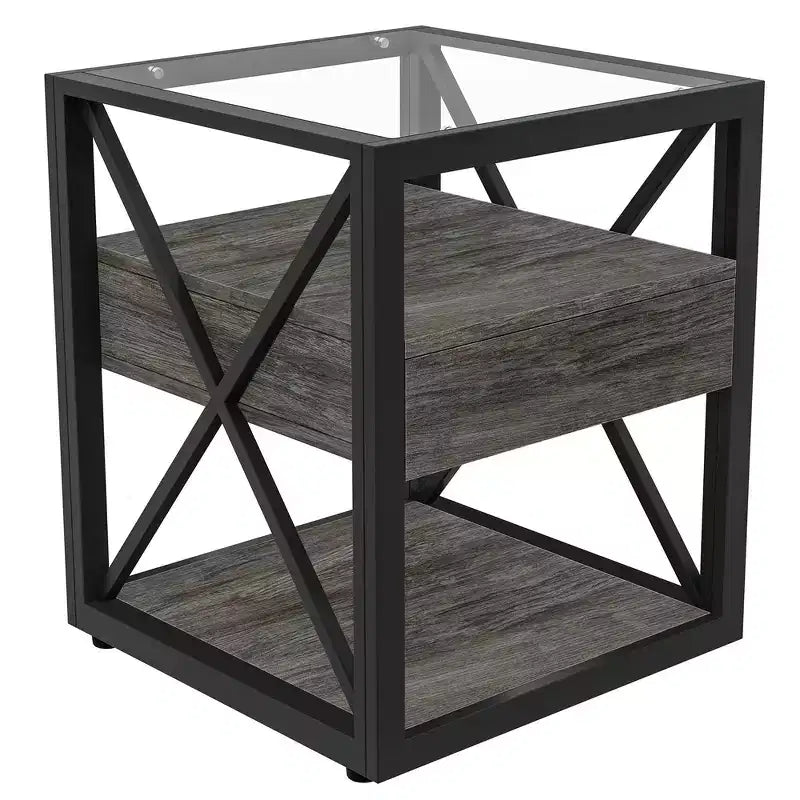 Table d'appoint industrielle moderne avec tiroir et plateau en verre trempé