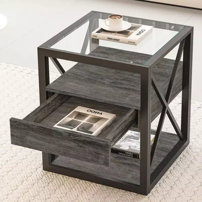 Table d'appoint industrielle moderne avec tiroir et plateau en verre trempé