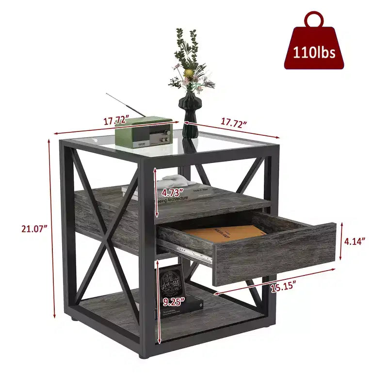 Table d'appoint industrielle moderne avec tiroir et plateau en verre trempé