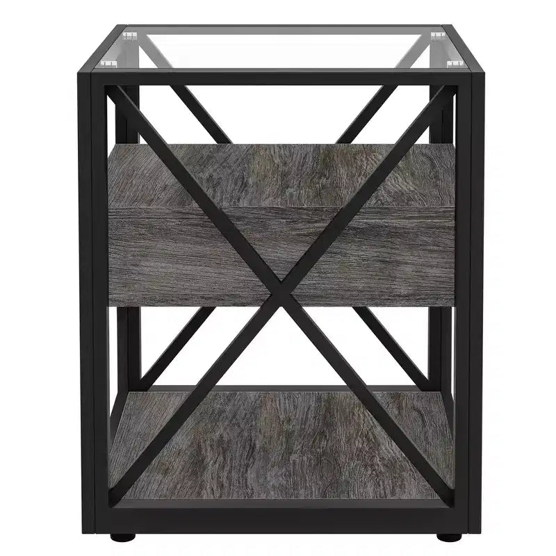 Table d'appoint industrielle moderne avec tiroir et plateau en verre trempé