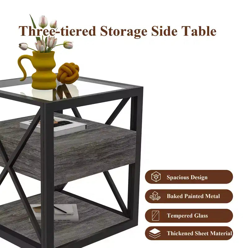 Table d'appoint industrielle moderne avec tiroir et plateau en verre trempé