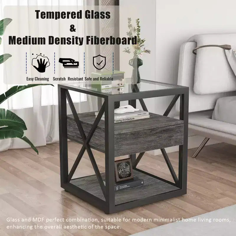 Table d'appoint industrielle moderne avec tiroir et plateau en verre trempé