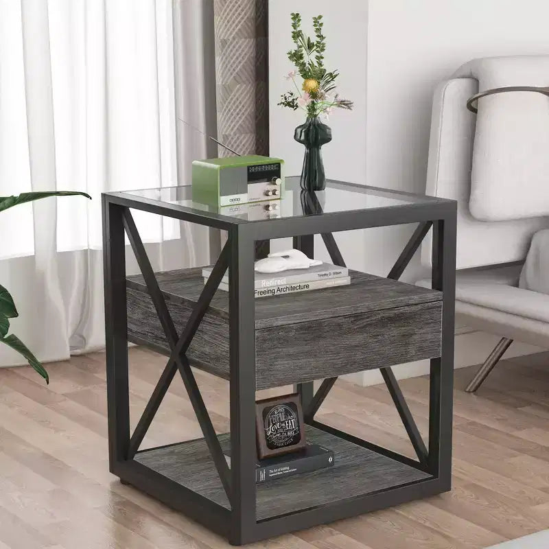 Zeus & Ruta Modern Industrial End Table with Drawer & Tempered Glass Top