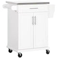 FAMYYT White Stainless Steel Top 33 in. Kitchen Island Cart with Utility Storage, Drawers, Spice Rack, Towel Rack, and 4 Wheels